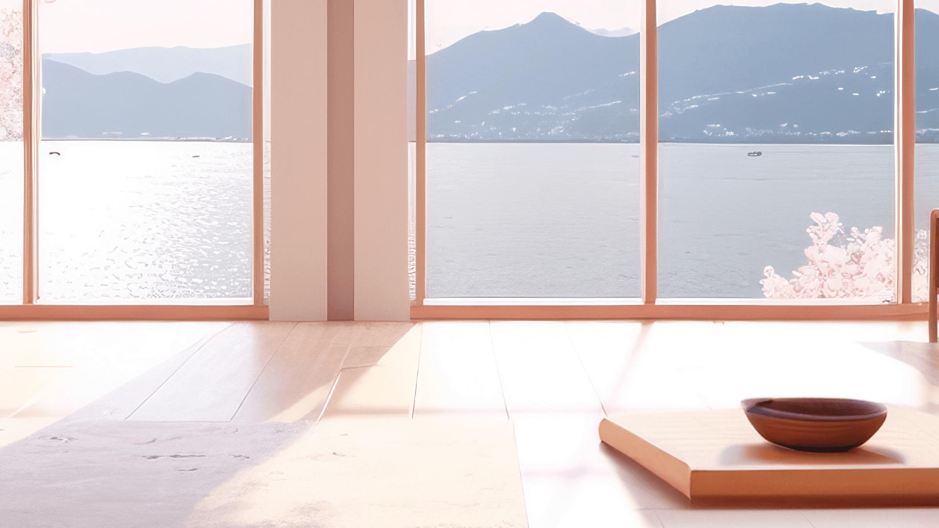 Une vue d'un intérieur japonais, fenêtres donnant sur un lac.